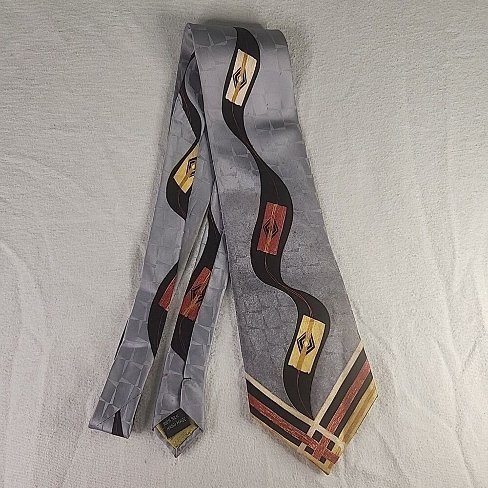 Necktie Angelino Silk Neck Tie Gray Orange Yellow Black Art Deco 64" X 4" Italy